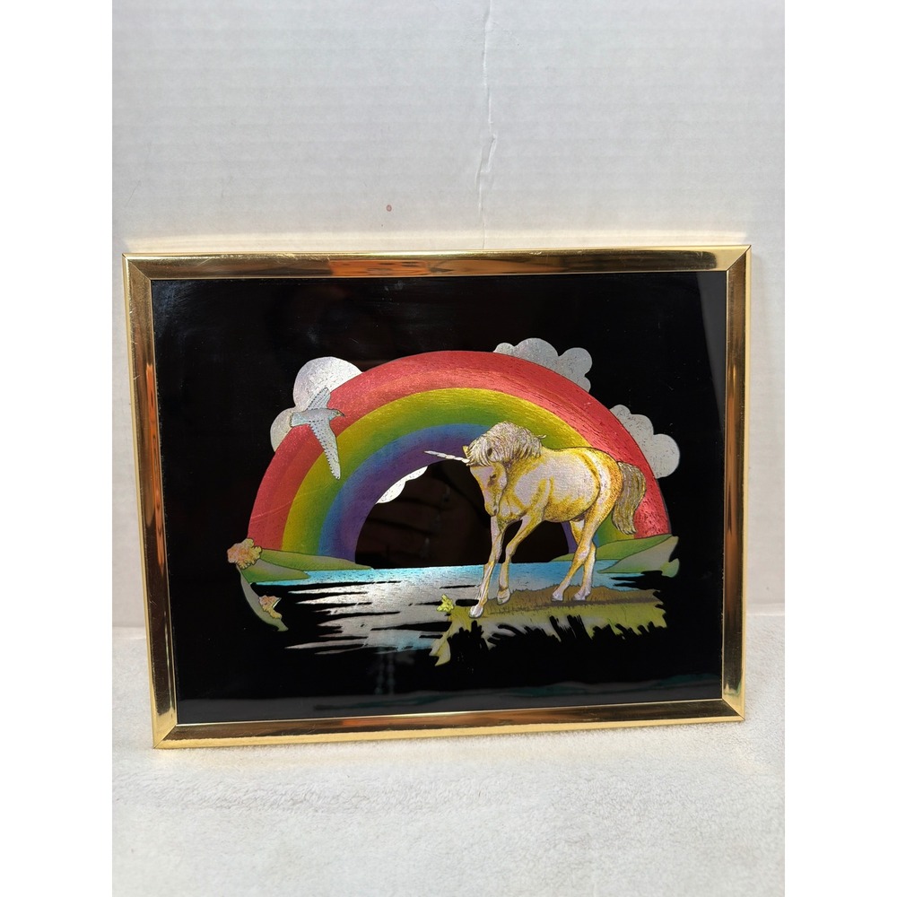Vintage 80s Kafka Industries Framed Foil Art Unicorn Rainbow Black Gold 10x8
